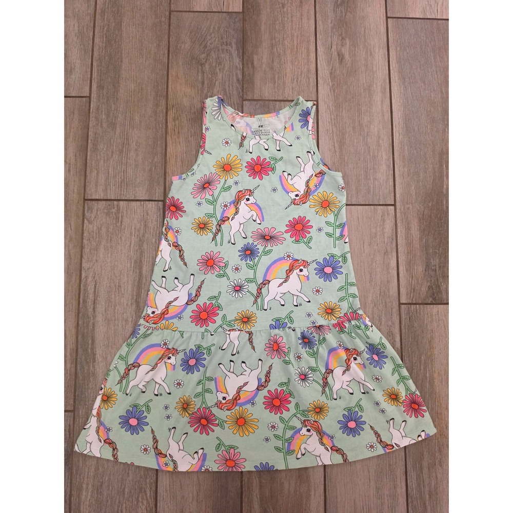 HM Girls Mint Green Unicorn Rainbow Floral Drop Waist Dress Size 8-10Y